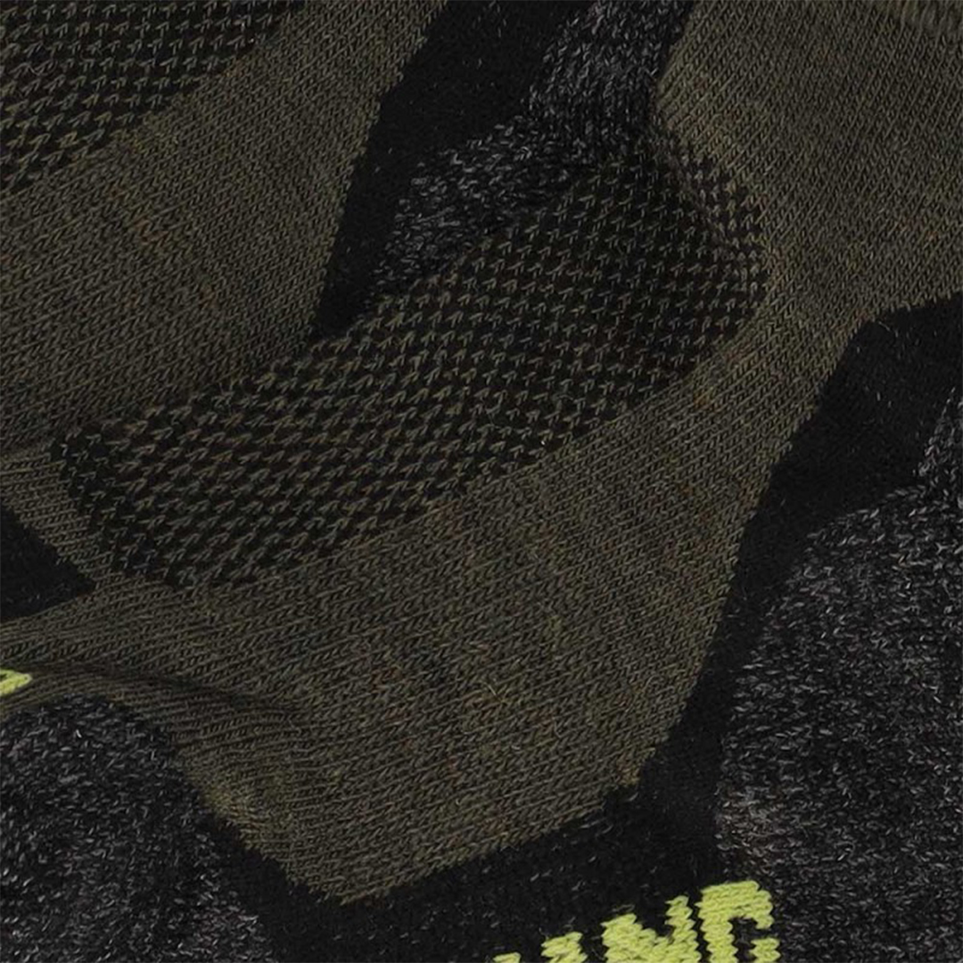 Thermo wandelsokken 2-pack groen close-up: geweven voetinzet en gele merkdetails