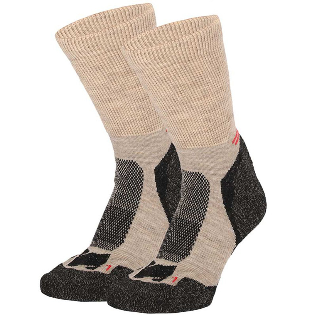 Thermo wandelsokken 2-pack beige met zwarte hiel- en teeninzet en rode accenten