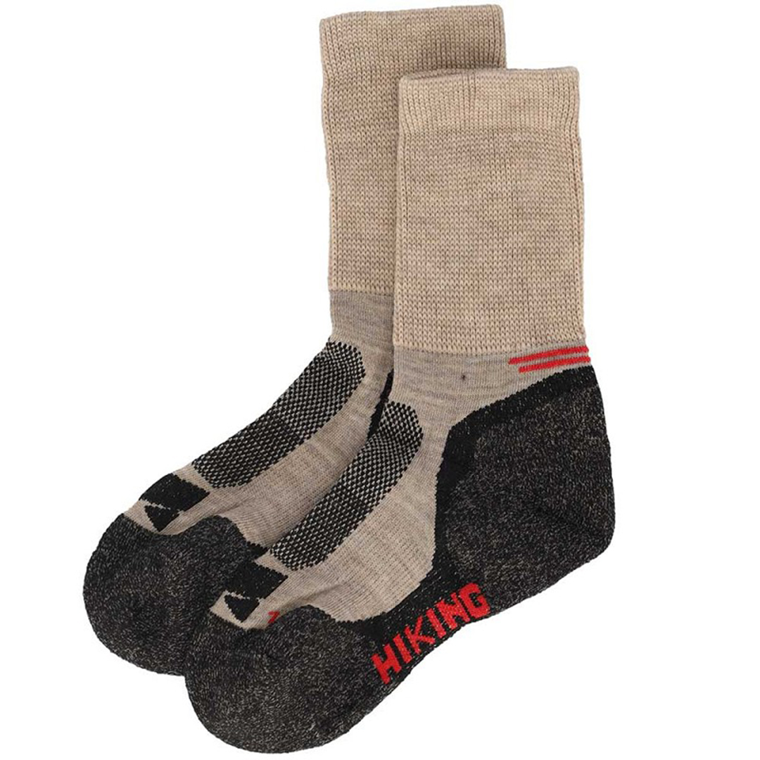 Thermo wandelsokken 2-pack beige met zwarte voetzool en rode ‘HIKING’-tekst