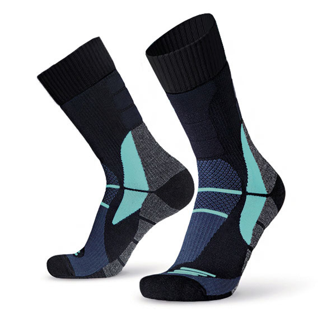 Thermo wandelsokken zwart/blauw met turquoise booglijnen en vlakke teenpartij