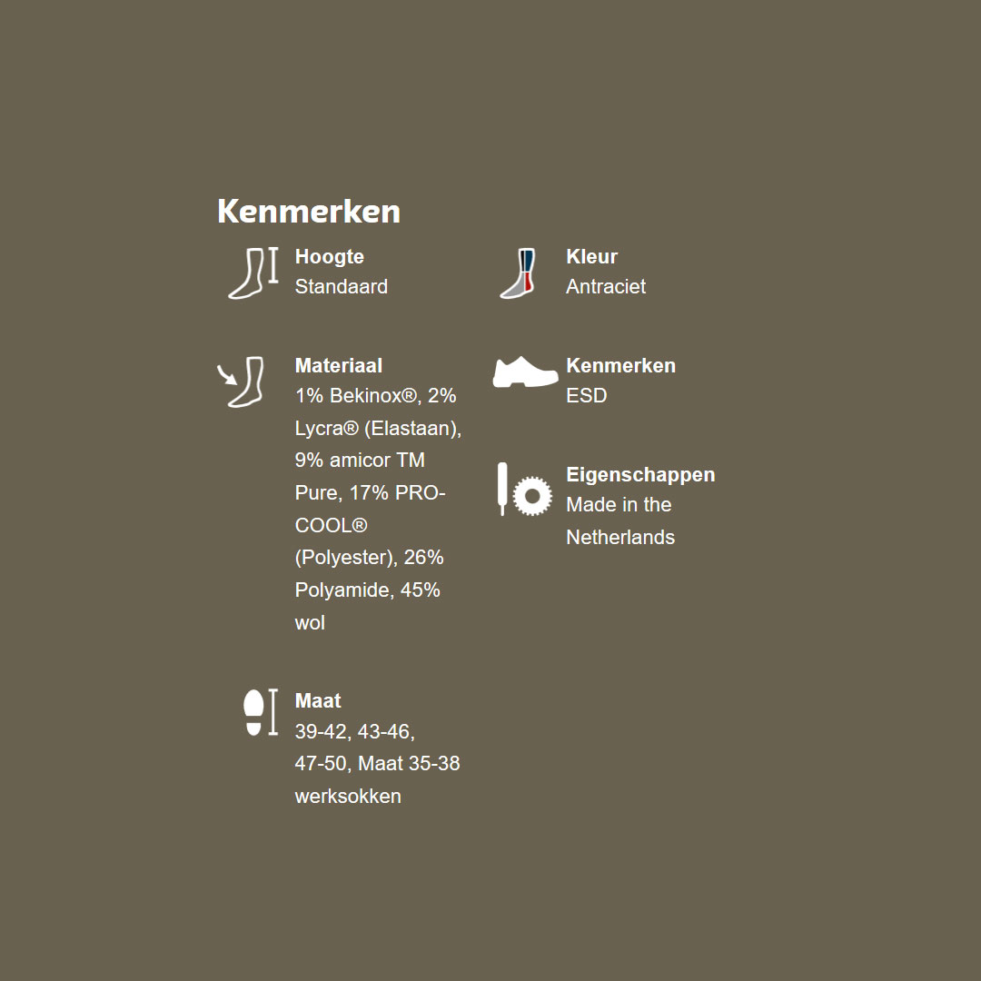 Kenmerkenkaart: antraciet, materiaal met wol/PRO COOL en ESD, gemaakt in Nederland