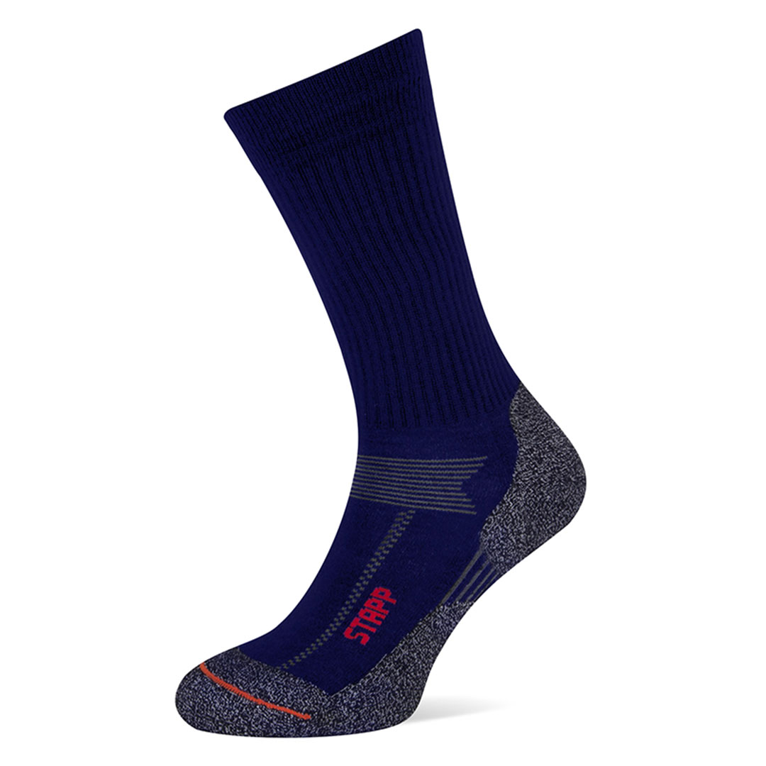 Boston Thermo wandelsokken marineblauw: ribbels, grijze hiel/teen en rode STAPP-print