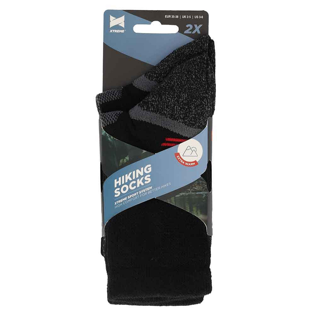 Thermo wandelsokken 2-pack zwart in verpakking, met extra warme sokken-etiket