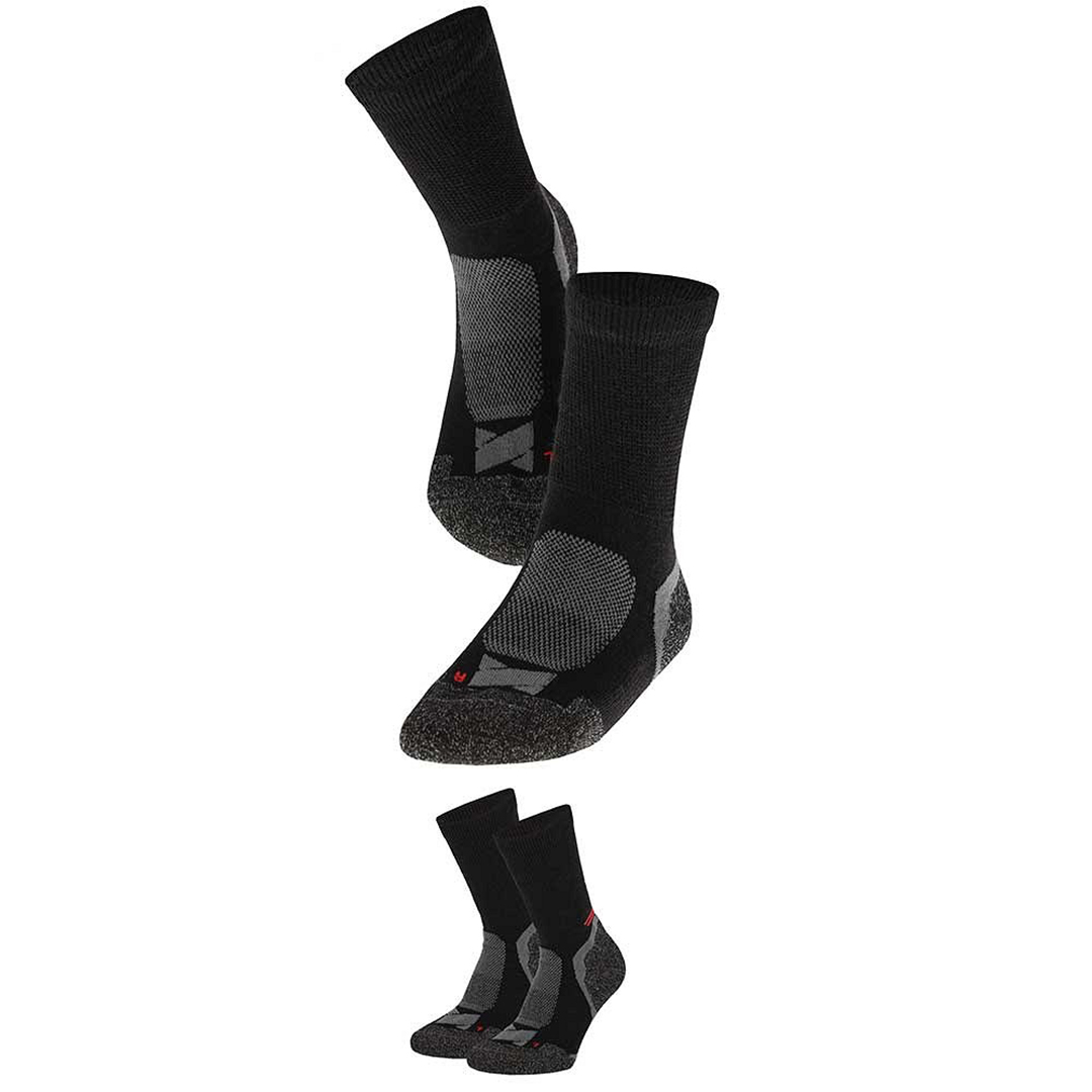 Thermo wandelsokken 2-pack zwart, geribde schacht en ronde voetzool met demping