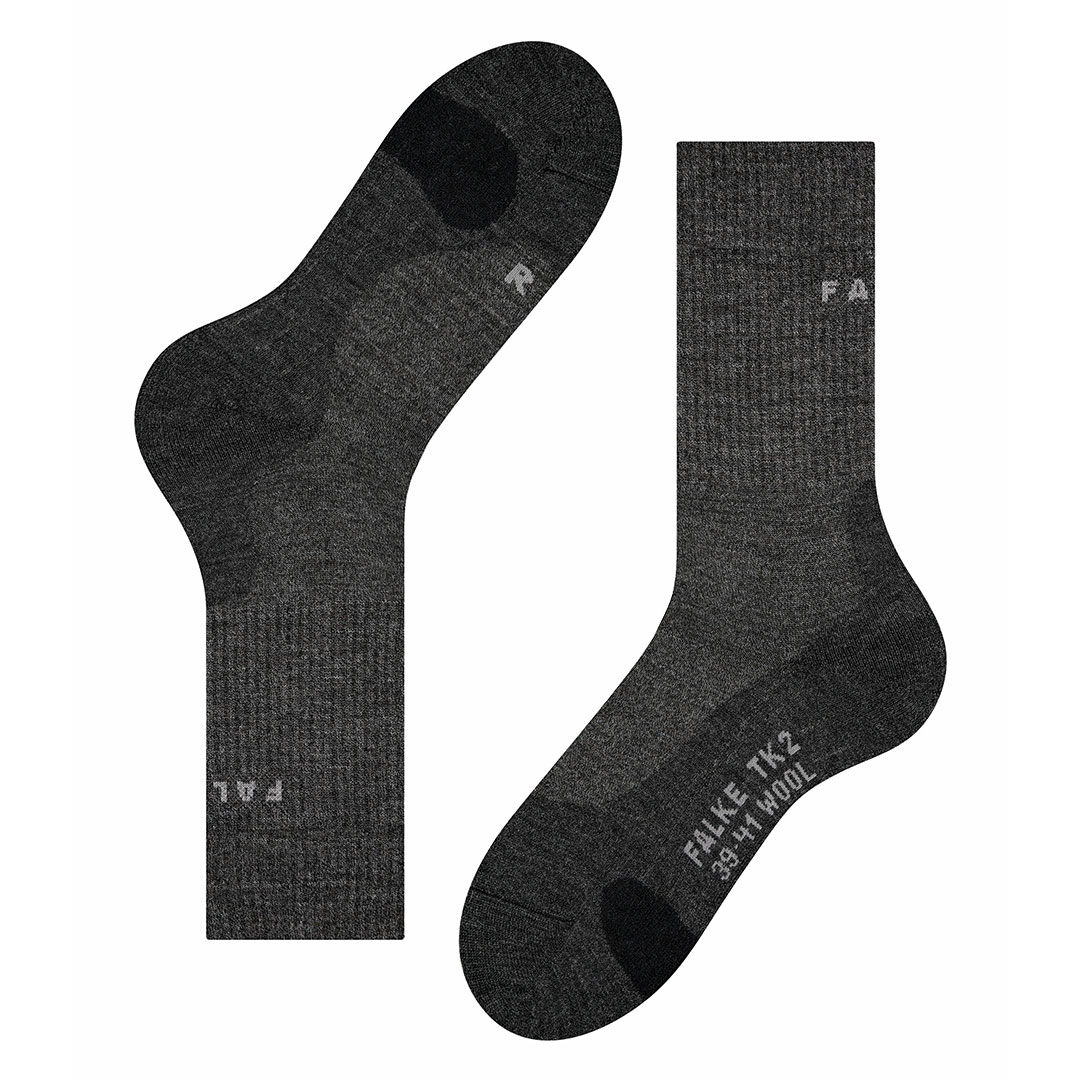TK2 wollen wandelsokken voor dames, antraciet, close-up met TK2-tekst en logo