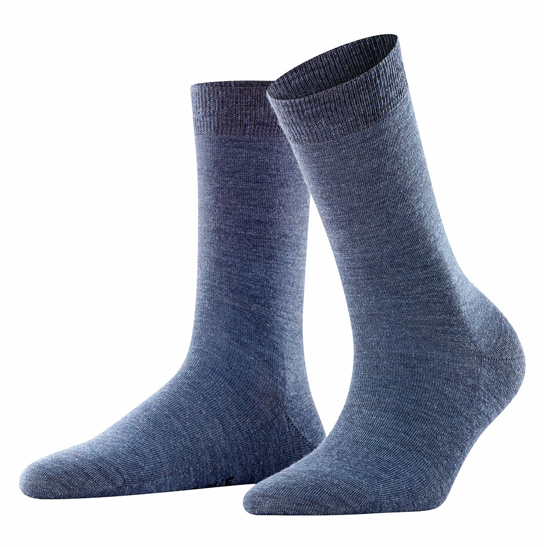 Softmerino damessokken, blauw paar met hoge boord en melange brei