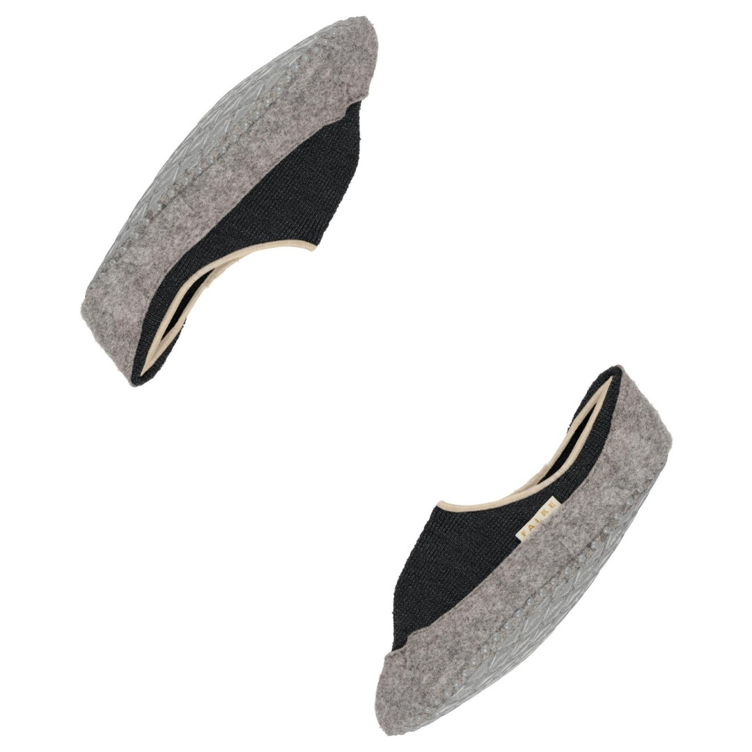 Zijaanzicht antraciet mel sloffen met anti-slip noppen en beige rand