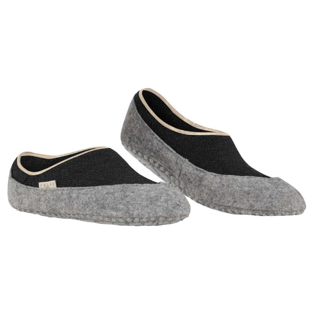 Antraciet mel damessloffen met beige bies en anti-slip noppen onderzijde