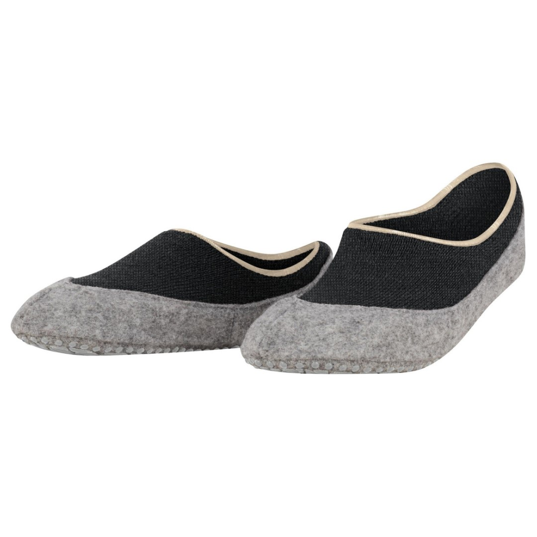 Antraciet mel damessloffen met anti-slip noppen en beige rand, lage instap