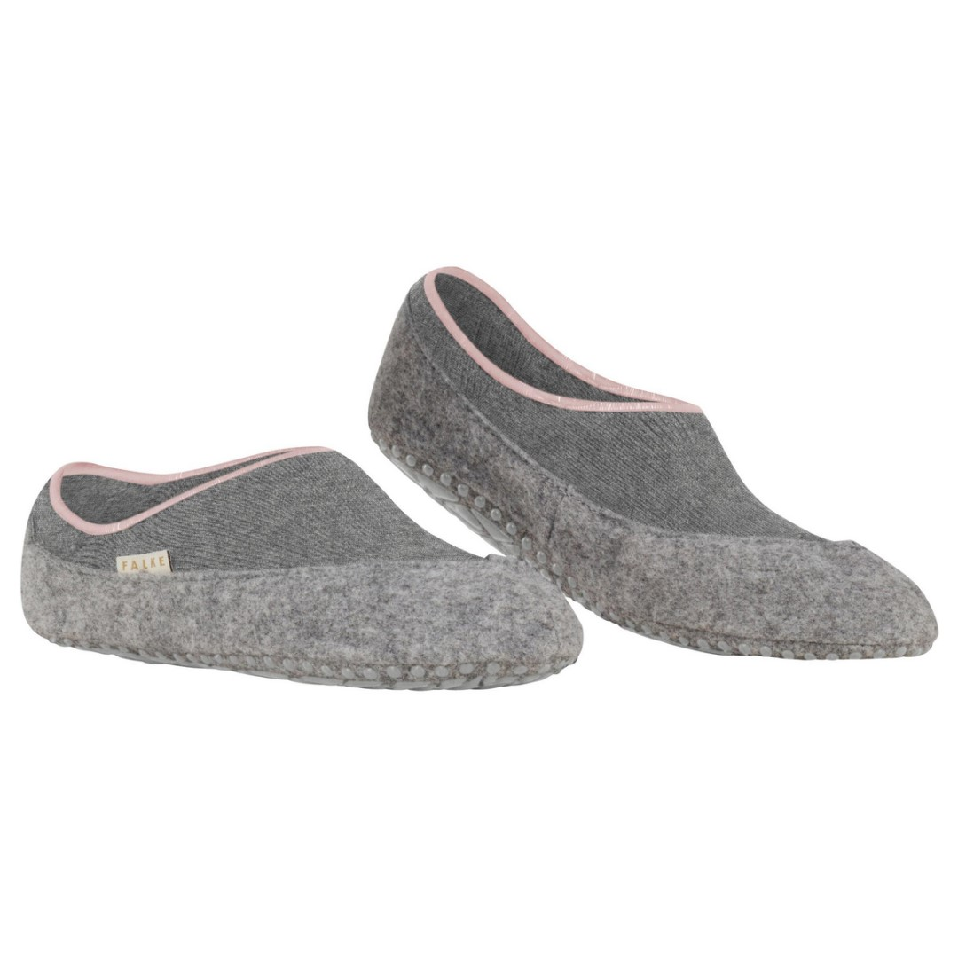 FALKE lichtgrijze cosyshoe sloffen met roze bies en anti-slip noppen onderzijde