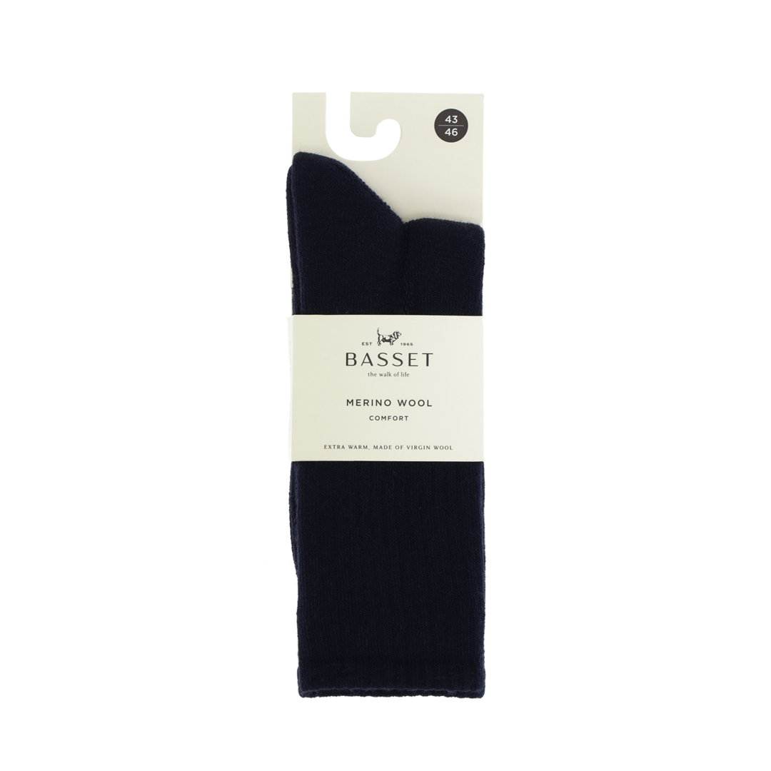 Marineblauwe comfort sok (maat 43-46) op verpakking, merino wol comfort