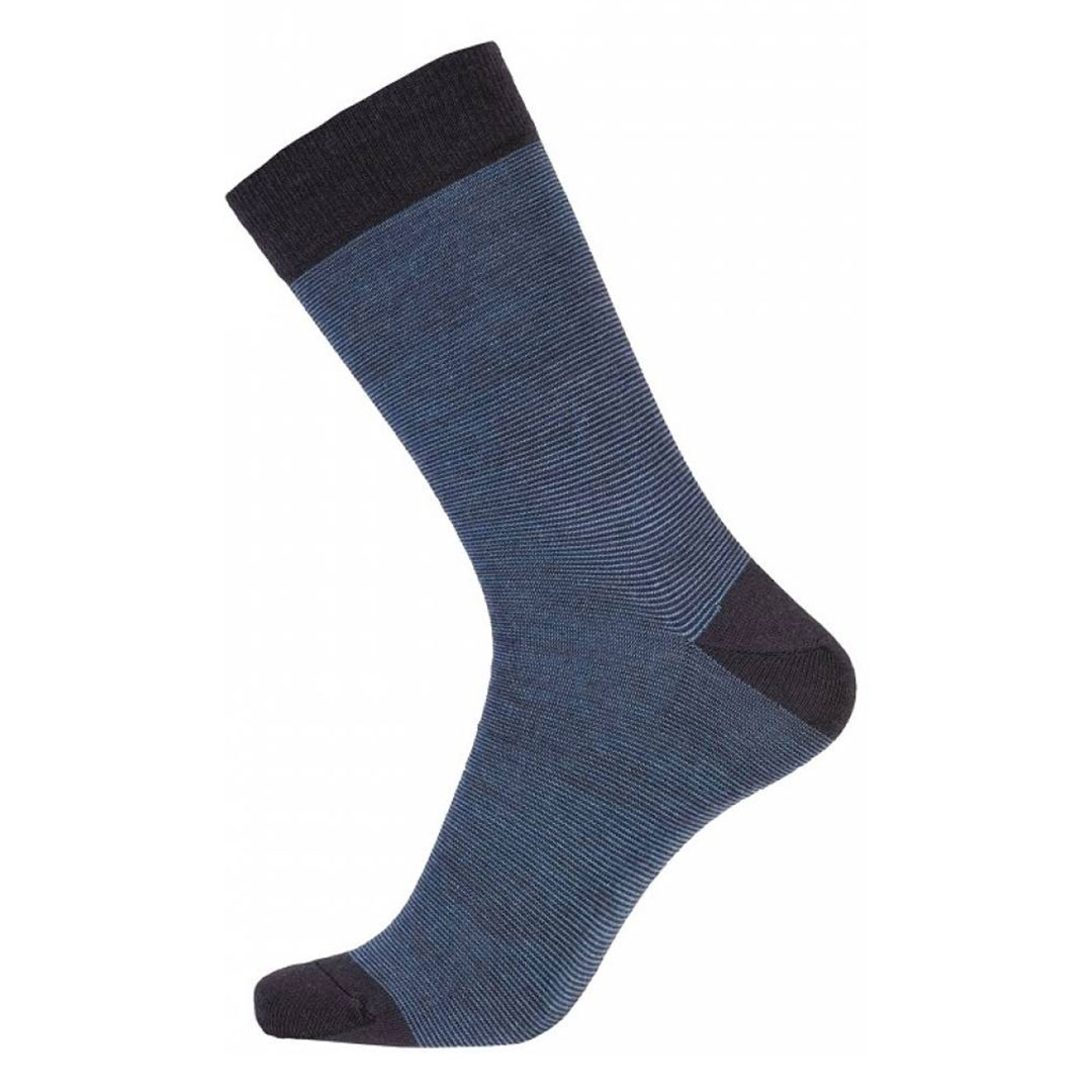 Gestreepte twin sokken katoen-merino, blauw met donkerblauwe hiel en teen
