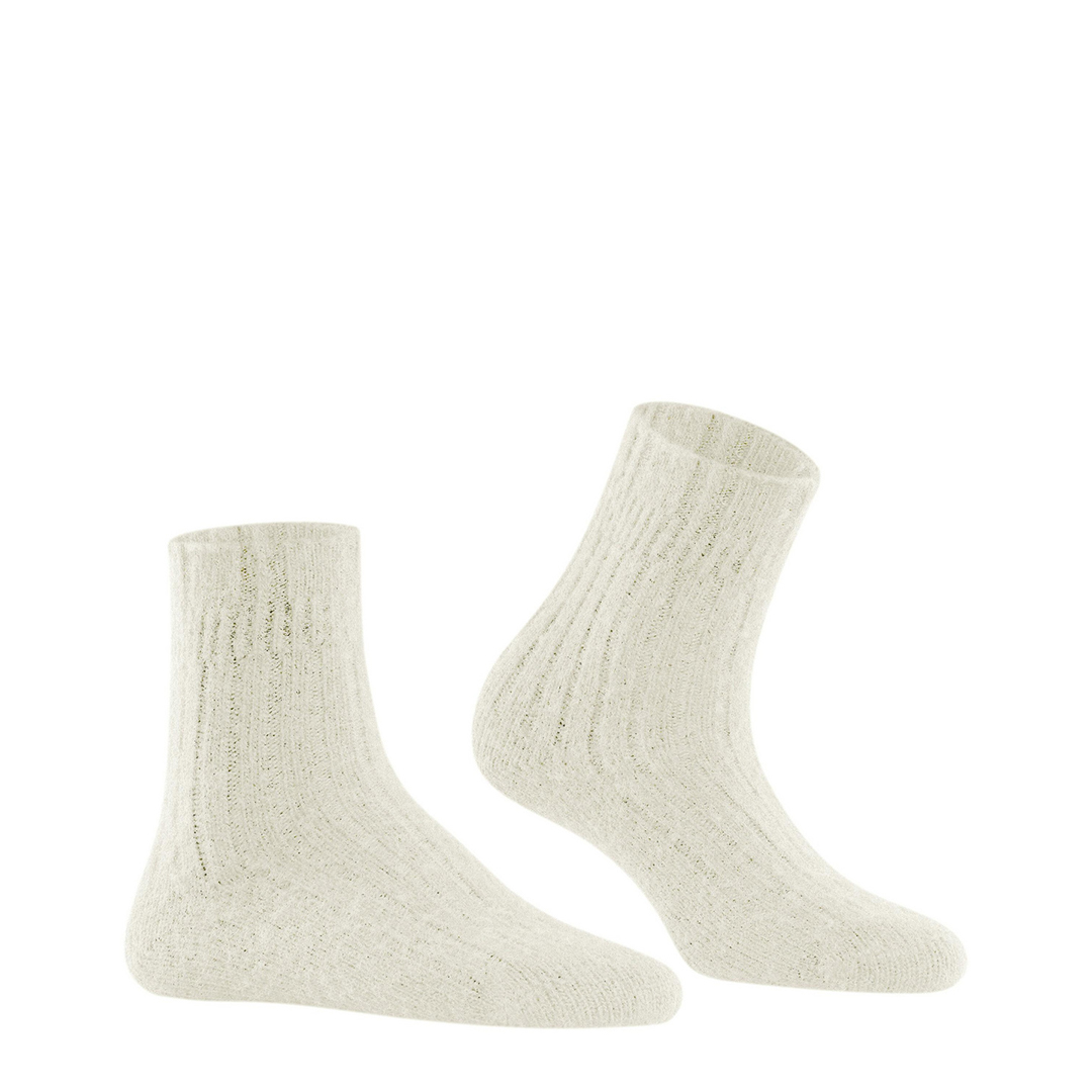 Bedsock voor dames, gebroken wit, merino-cashmere blend, paar sokken naast elkaar.