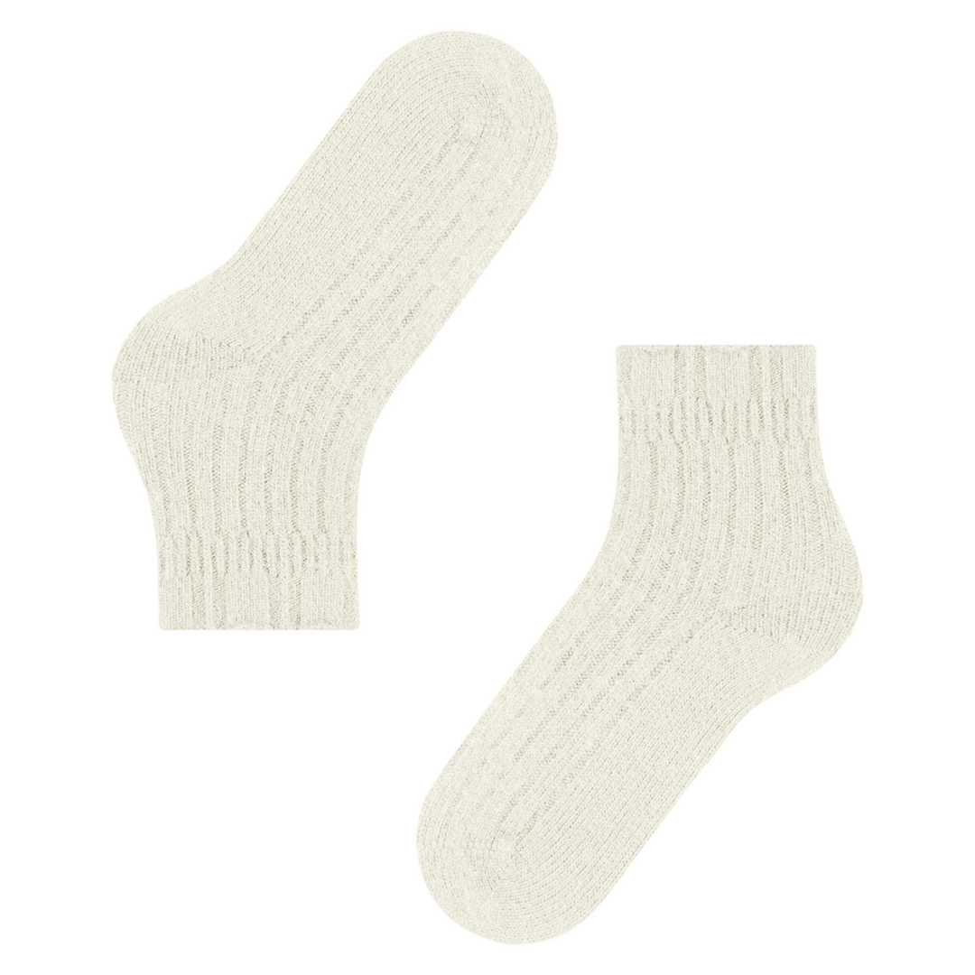 Bedsock merino-cashmere blend voor dames, gebroken wit, geribde schacht en voet.