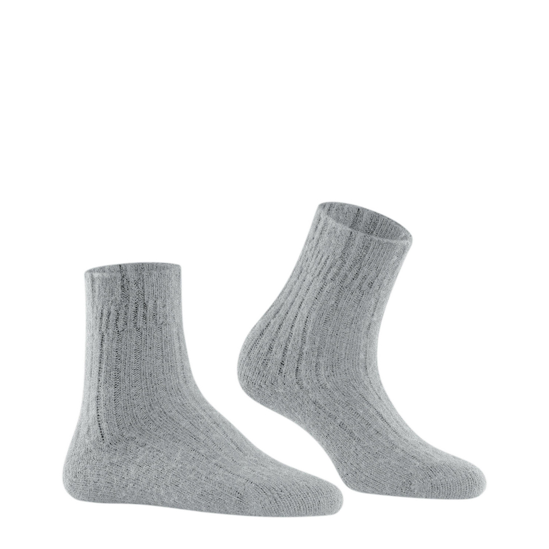 Bedsock merino-cashmere blend voor dames, grijs, twee sokken met geribde schacht.