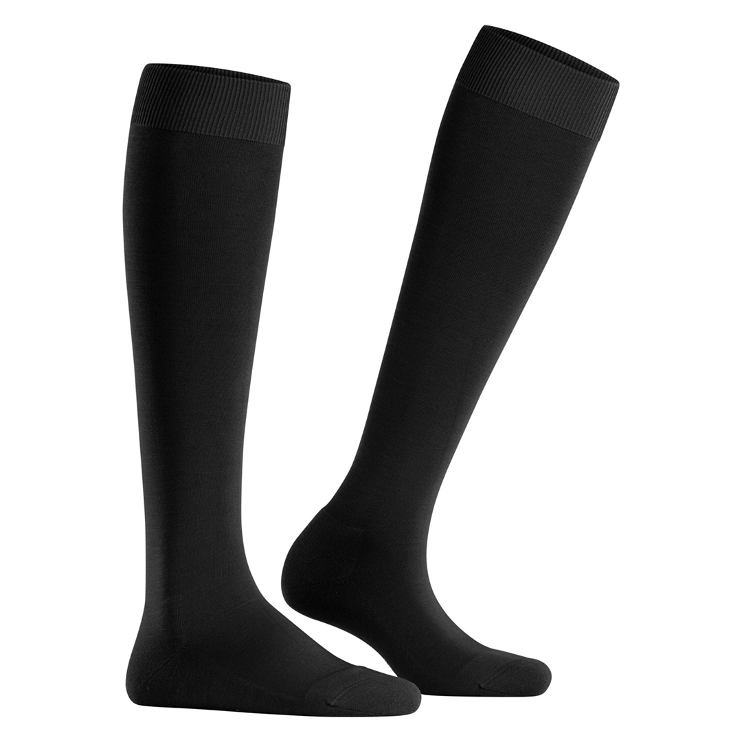 Zwarte kniekousen merino-lyocell mix, ronde teen, geribde boord, dames.