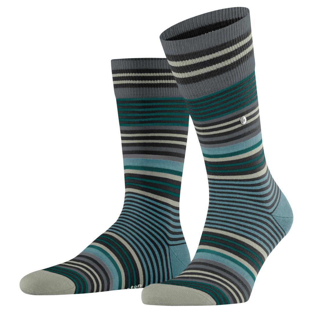 Gestreepte herensokken, grijs met turquoise en donkerblauwe strepen