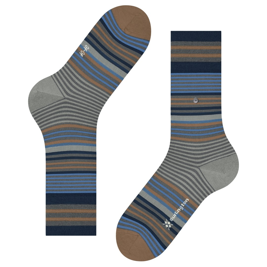 Gestreepte herensokken, marineblauw en grijs met bruine en beige strepen