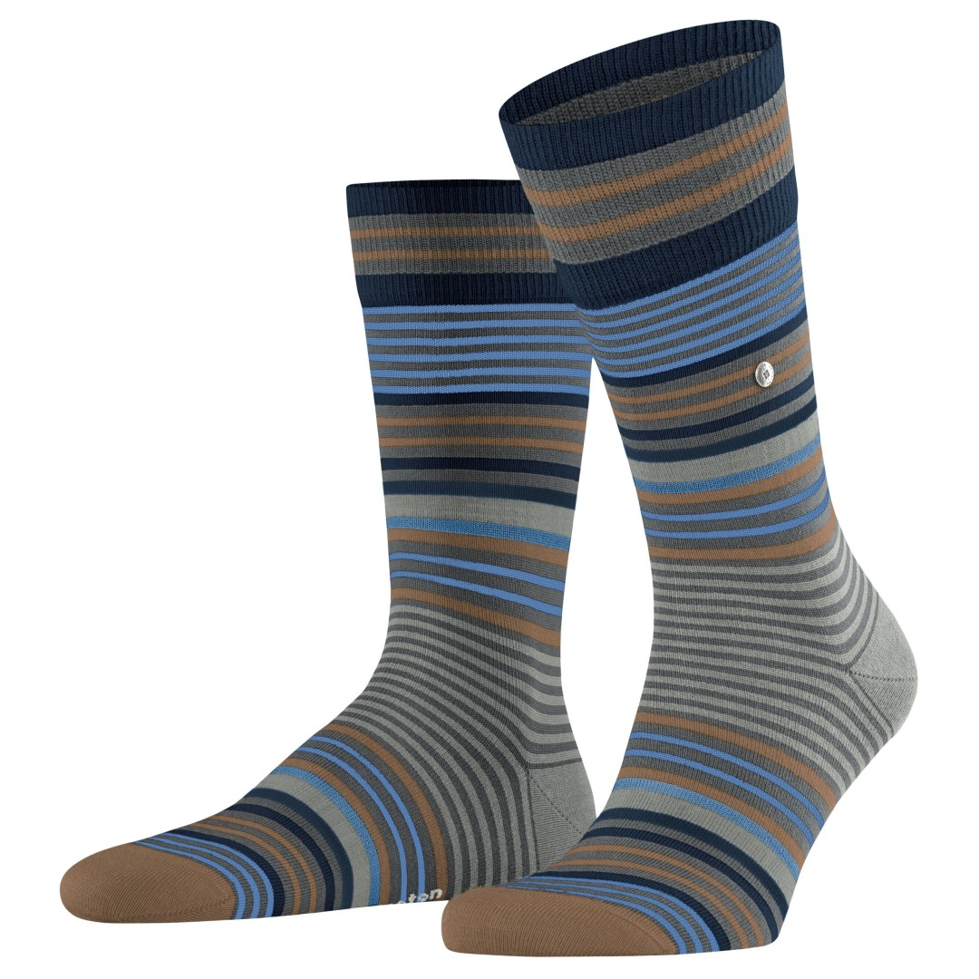 Gestreepte herensokken, grijs met bruin en blauw strepen, donkerblauwe boord