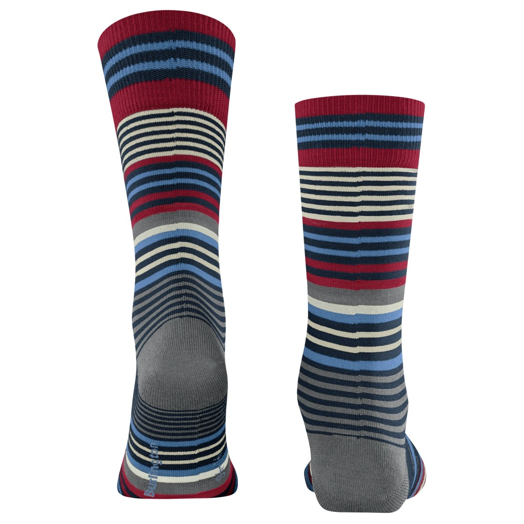 Gestreepte herensokken, rood met marineblauwe en beige strepen, grijze teen