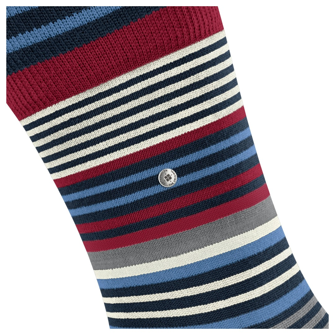 Gestreepte sokken met rode band, blauw en wit streepdesign en klein logo
