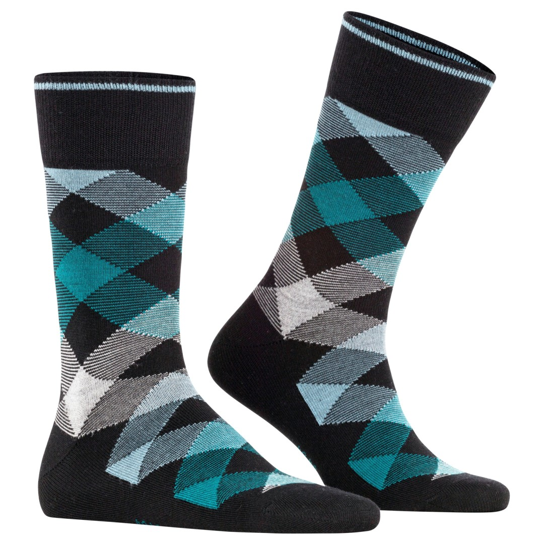 Herensokken met ruitpatroon, zwart met teal, blauw en lichtgrijze accenten