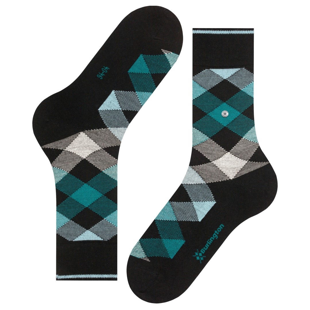 Herensokken ruitpatroon zwart-teal met lichtgrijs en blauw; hiel en boord in beeld