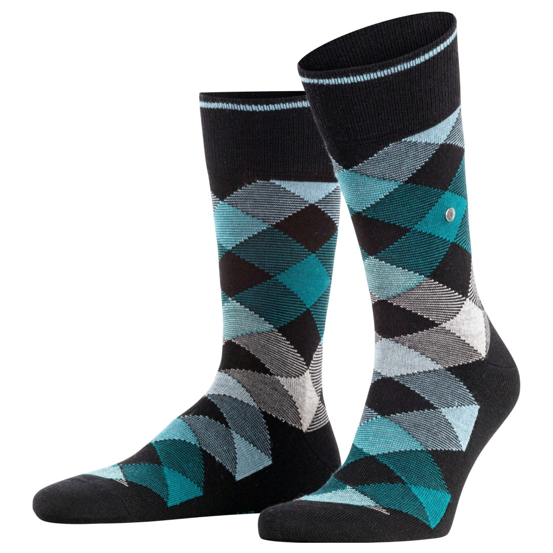 Herensokken met zwart basis en ruiten van teal, lichtgrijs en blauw