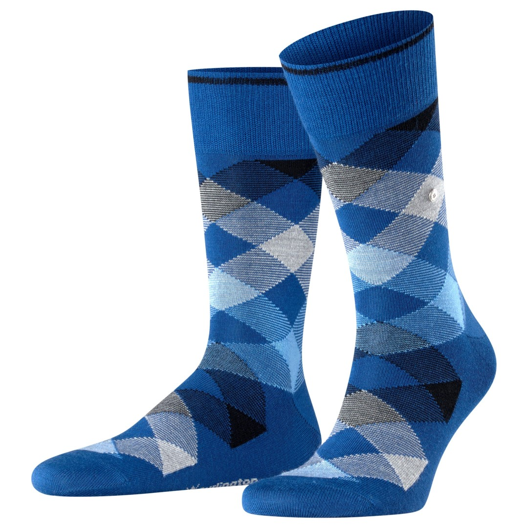Paar herensokken in blauw met ruiten van lichtblauw, grijs en donkere accenten