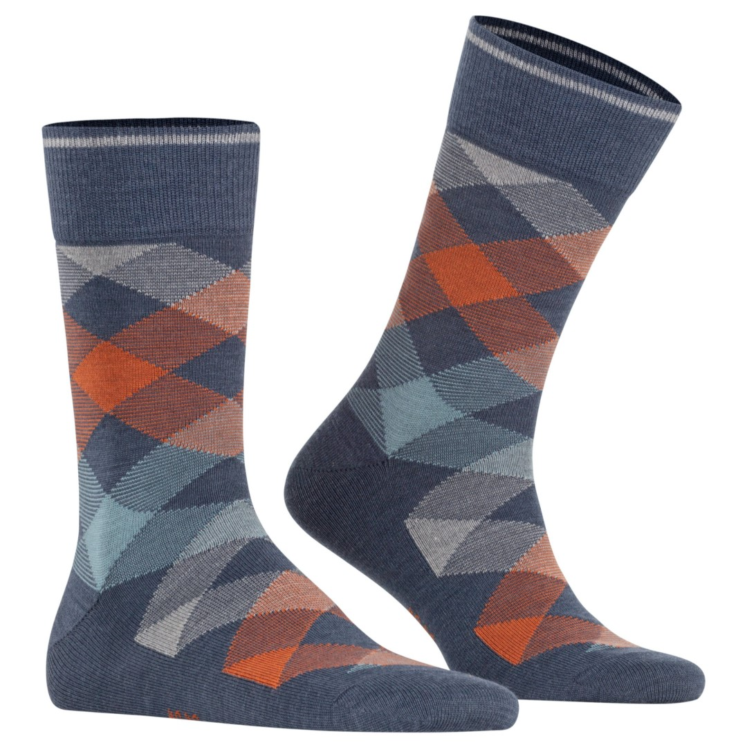 Herensokken met geruit motief in blauw, oranje, grijs en lichtblauw