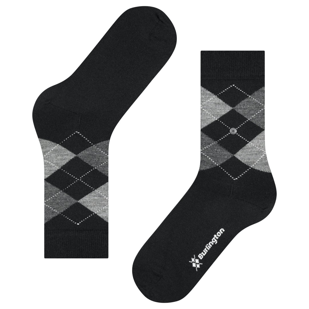 Burlington argyle damessokken in zwart met grijze ruiten en Burlington-logo bij de teen