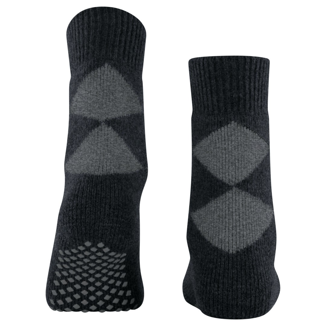 Cosy argyle huissokken dames, zwart met grijs ruitpatroon en antislip noppen