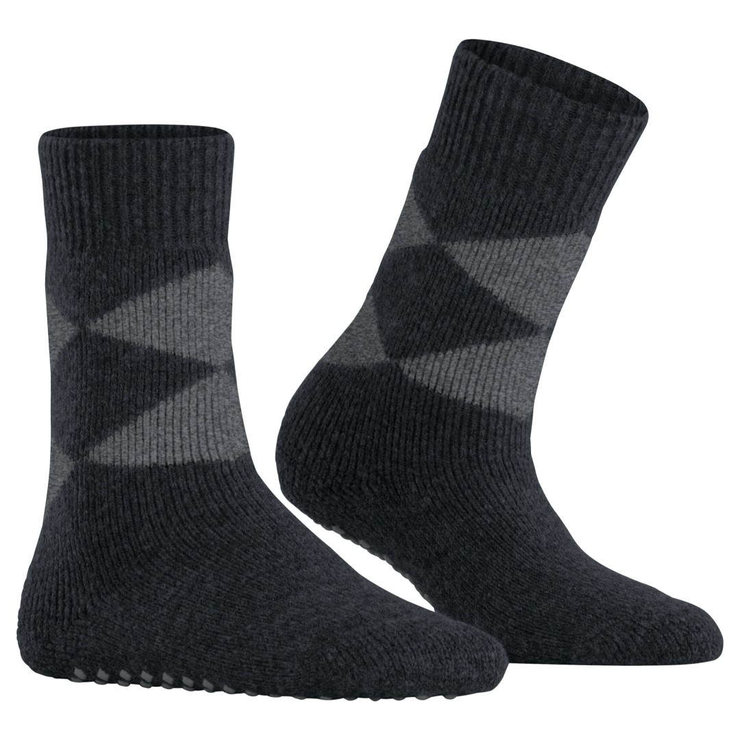 Cosy argyle huissokken dames, zwart met grijze ruitstrepen en zachte boord
