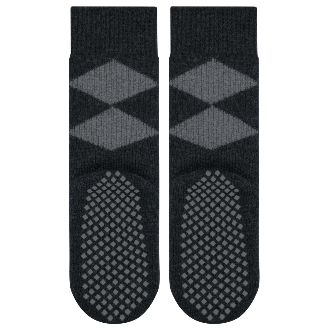 Cosy argyle huissokken dames, zwart met grijs ruitpatroon en antislip op zool