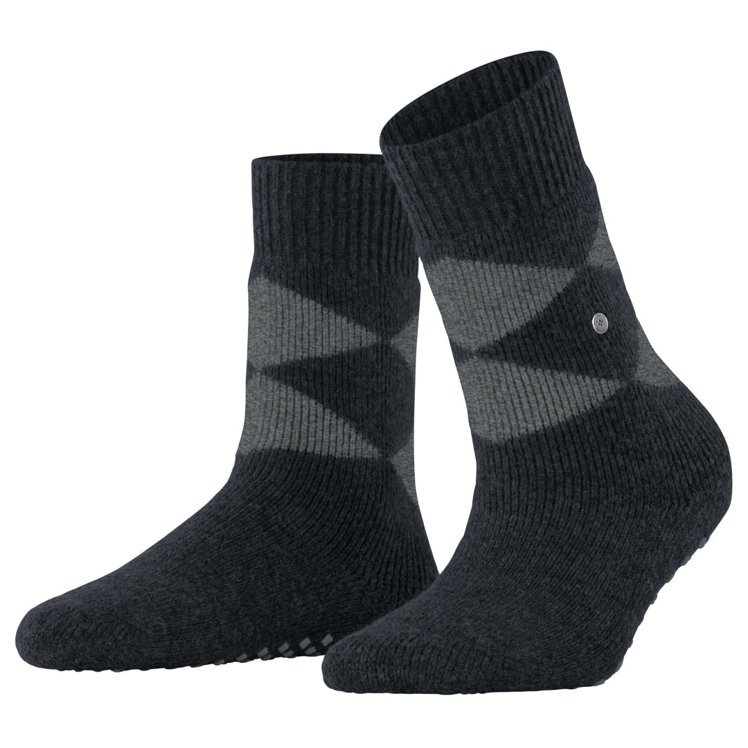 Cosy argyle huissokken dames, zwart met grijze crème ruitstrepen en boord