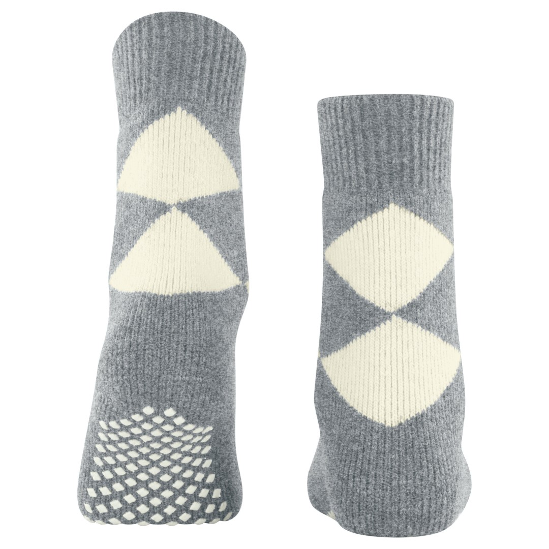 Cosy argyle huissokken dames, grijs met crème ruiten en antislip noppen