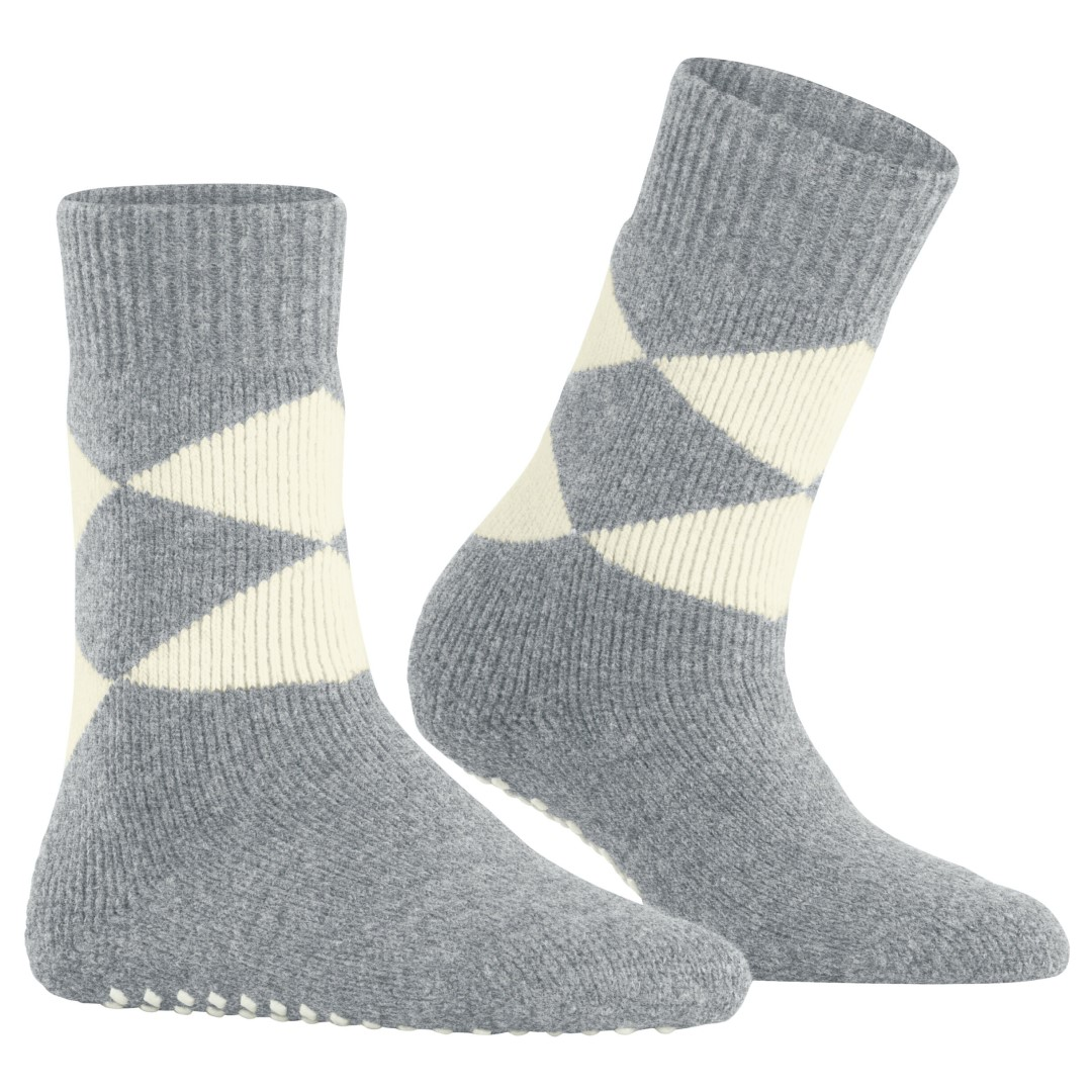 Cosy argyle huissokken dames, grijs met crème diagonale ruiten