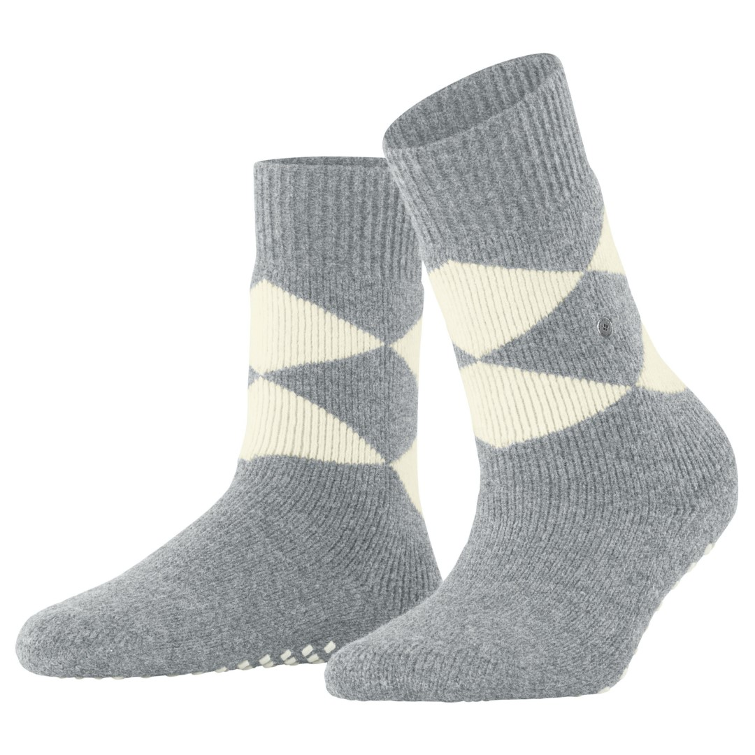 Cosy argyle huissokken dames, grijs met crème ruitpatroon en zachte boord
