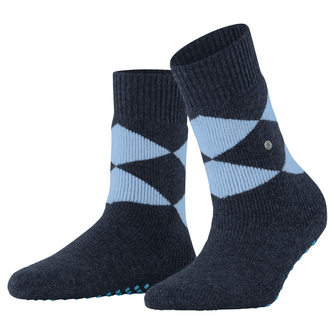 Huissokken in donkerblauw met lichtblauwe ruiten, zachte ribboord