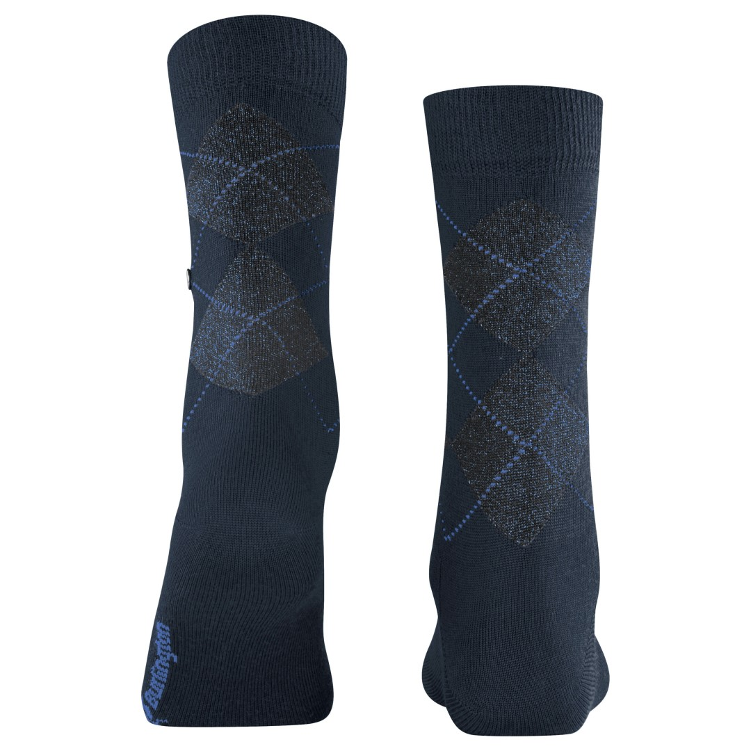 Damessokken blauw met glinsterende argyle ruiten op de kuit