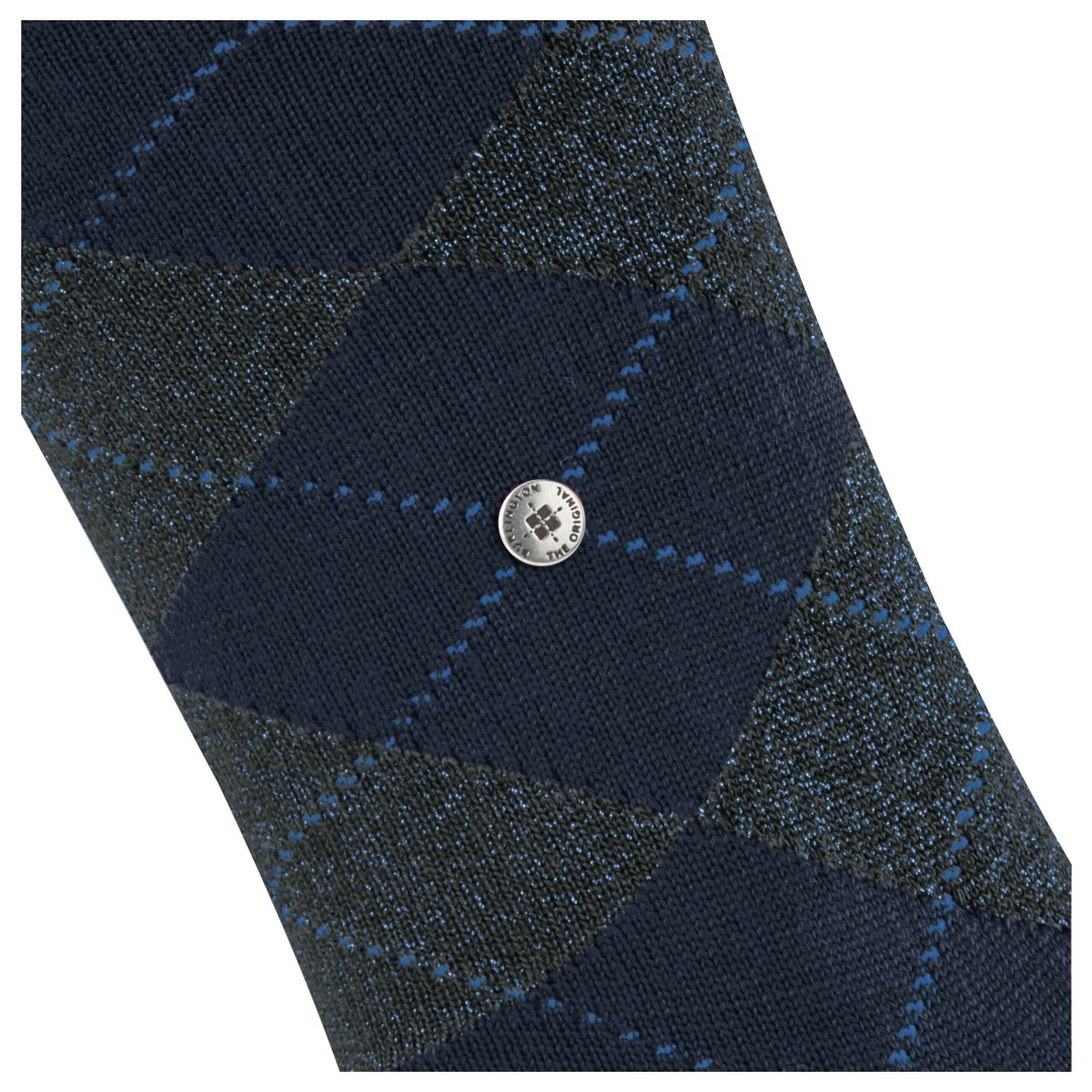 Blauwe argyle damessok met ronde metalen Burlington-logopatch