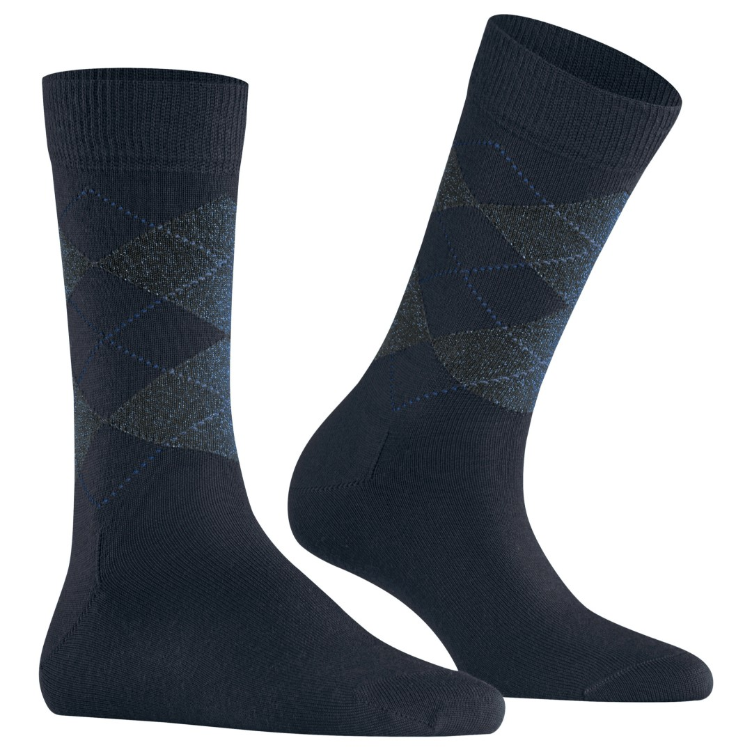 Damessokken blauw met donkerblauwe argyle ruiten en glinsterende draadjes