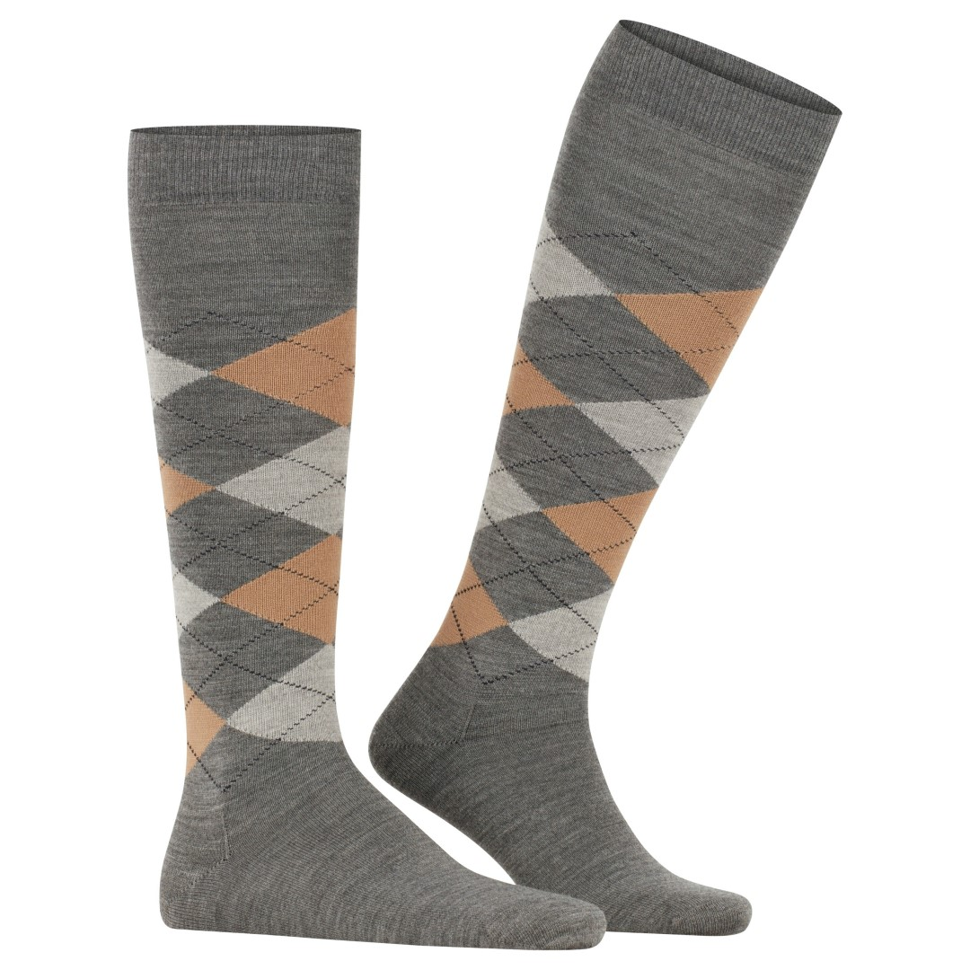 Edinburgh argyle kniekousen heren, hoge boord, grijs met bruine en beige ruiten