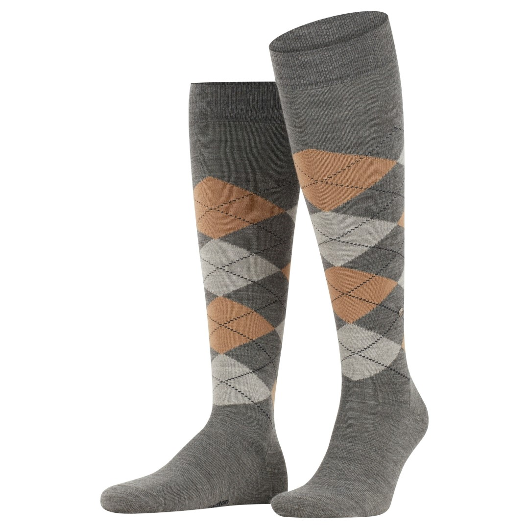 Edinburgh argyle kniekousen heren, grijs met ruitpatroon in bruin en beige