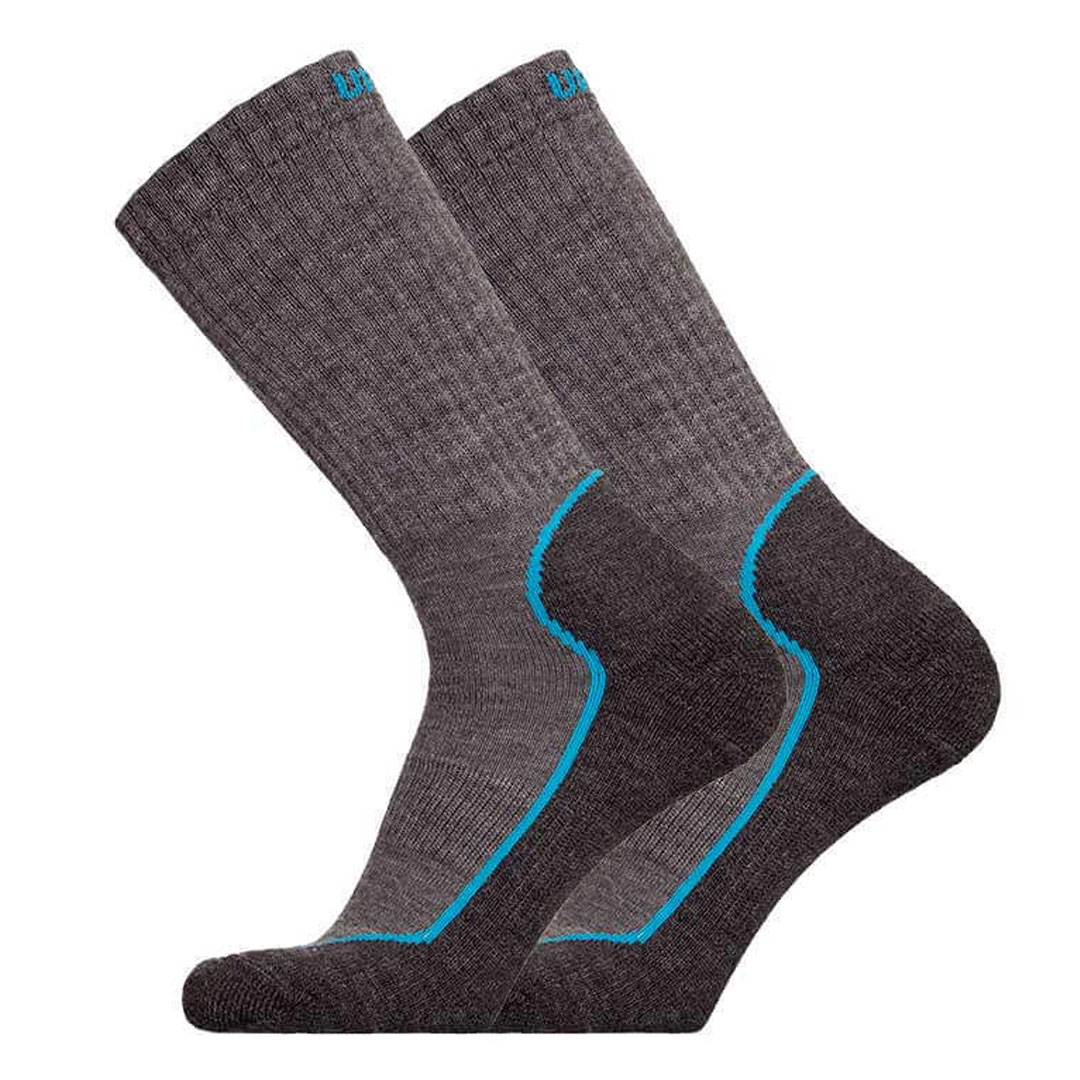 Thermo wandelsokken grijs/zwart, paar met blauwe lijnen over wreef en schacht