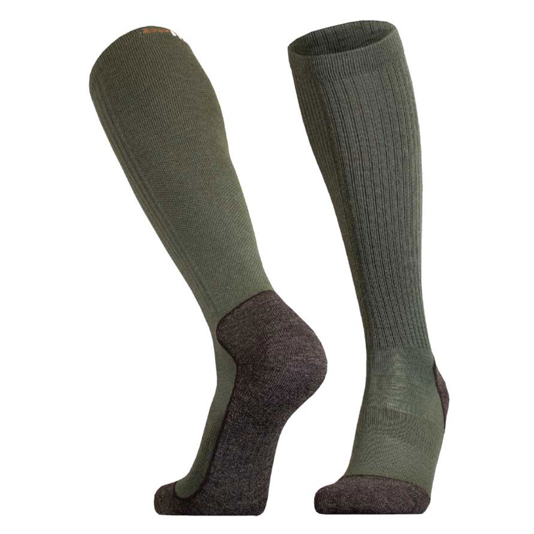 Jacht- & Vis knie-kousen, olijfgroen met donkerbruine voet en comfortabele schacht