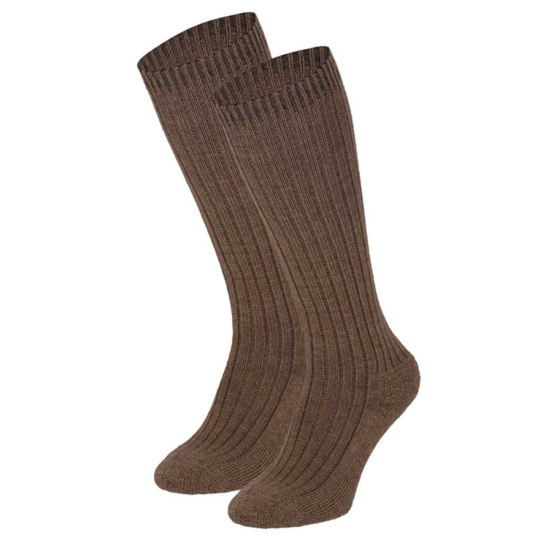 Dikke knie kousen met badstof voetbed, donker beige melange met ribstructuur