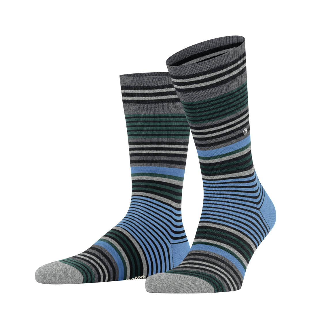 Set gestreepte herensokken met grijs, teal en blauwe horizontale strepen