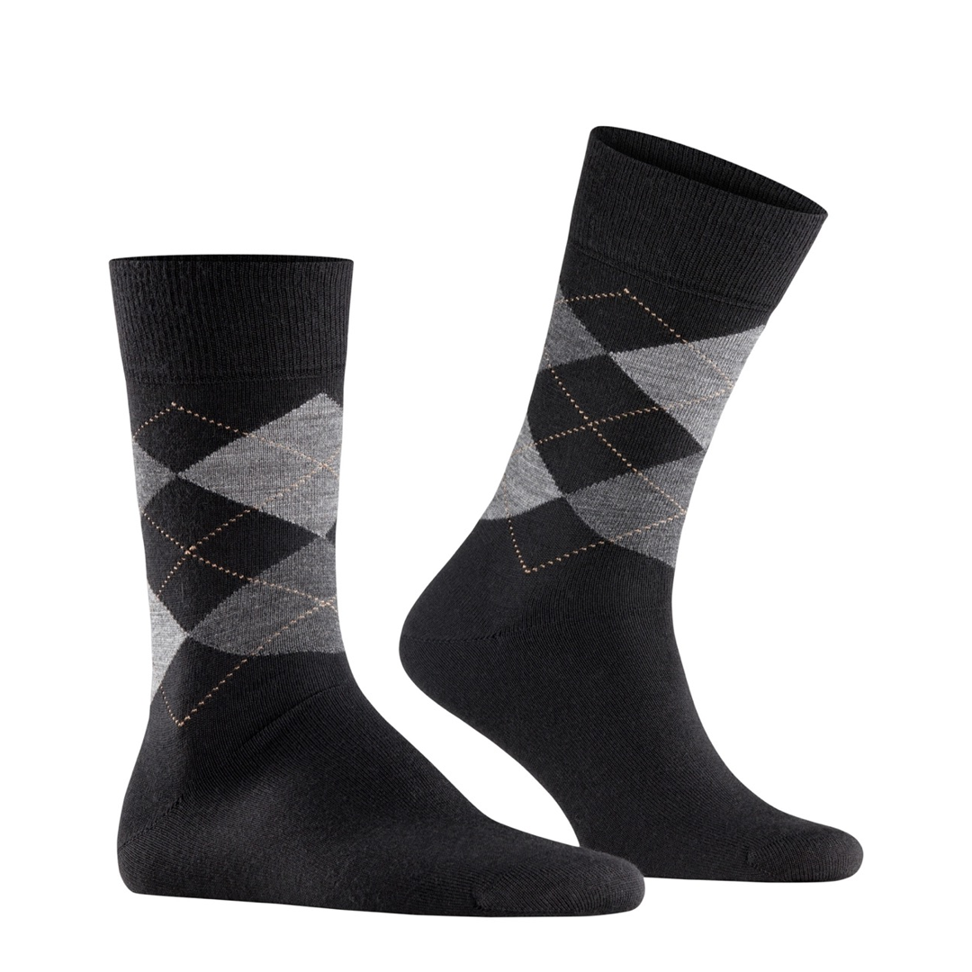 Heren sokken grijs met zwart argyle ruiten en blauwe stiklijn, knoopdetail