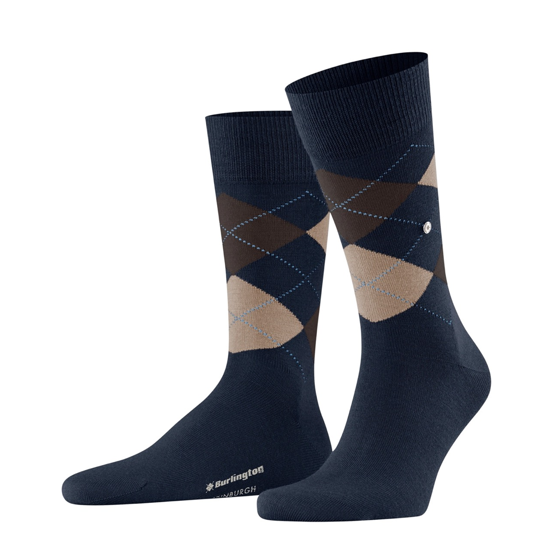 Heren sokken met marine argyle ruiten, beige/bruin tinten en blauwe stiklijn